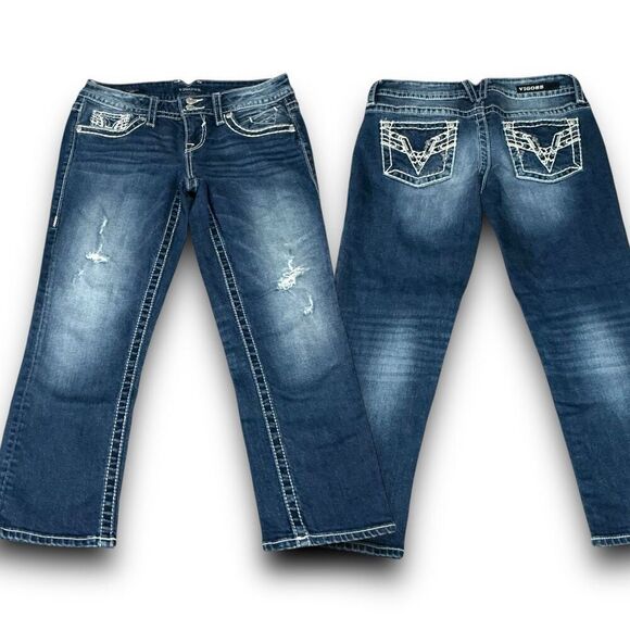Vigoss Distressed Dark Wash The Chelsea Capri Blue Jeans - Picture 1 of 14